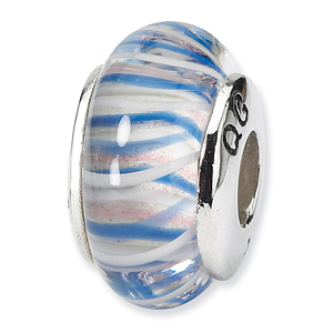Sterling Silver Reflections Blue Hand-blown Glass Bead with Ripples