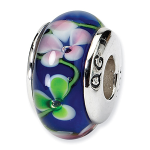 Sterling Silver Reflections Blue Glass Bead Green and Pink Flowers