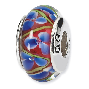 Sterling Silver Reflections Blue Red Green Hand-blown Glass Bead