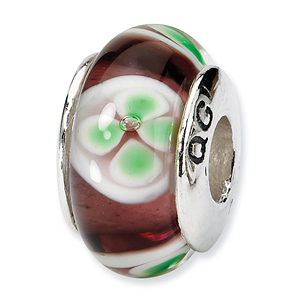 Sterling Silver Reflections Brown Green Floral Hand-blown Glass Bead