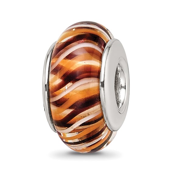 Sterling Silver Reflections Brown Orange Striped Hand-blown Glass Bead