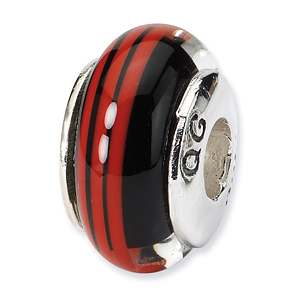 Sterling Silver Reflections Black Red Stripes Hand-blown Glass Bead