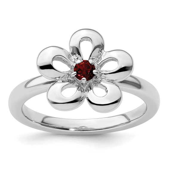 Sterling Silver Stackable Flower Ring with Garnet