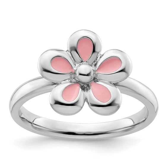 Sterling Silver Stackable Expressions Pink Enameled Flower Ring