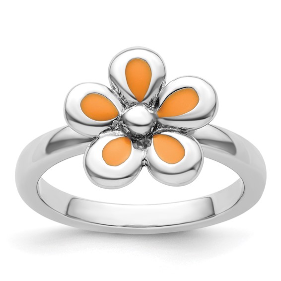 Sterling Silver Stackable Expressions Orange Enameled Flower Ring 