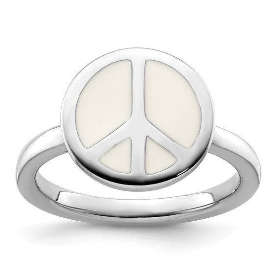 Sterling Silver Stackable White Enameled Peace Sign Ring