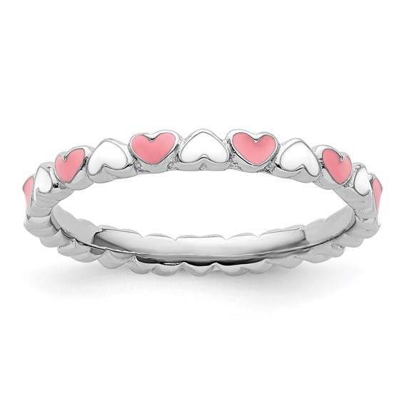 Sterling Silver Stackable Pink and White Hearts Enamel Ring QSK1496