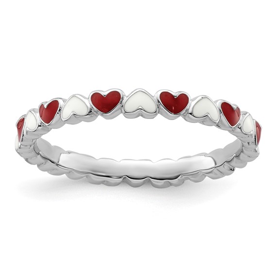 Sterling Silver Stackable Red and White Hearts Enamel Ring