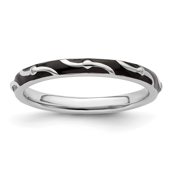 Sterling Silver Stackable Wavy Black Enamel Ring 