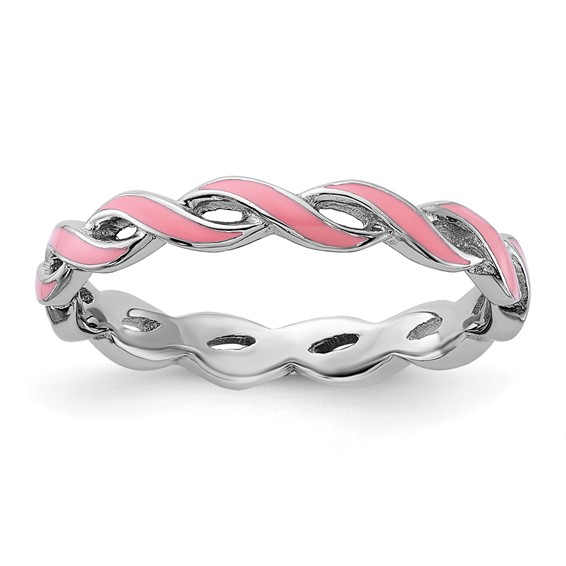 Sterling Silver Stackable Twist Pink Enamel Ring