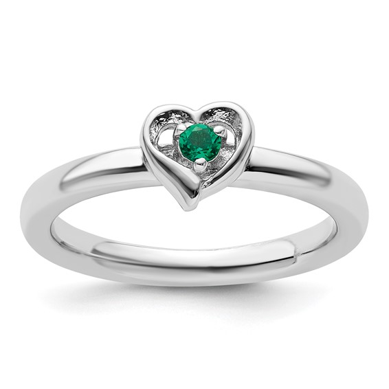 Sterling Silver Stackable Created Emerald Heart Ring