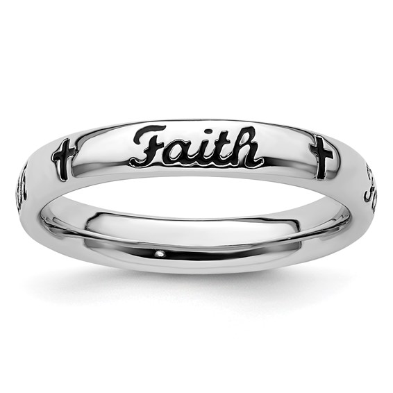Sterling Silver Stackable Black Enamel Faith Ring