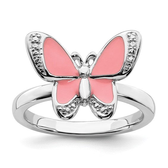 Sterling Silver Stackable Pink Enamel Butterfly Ring