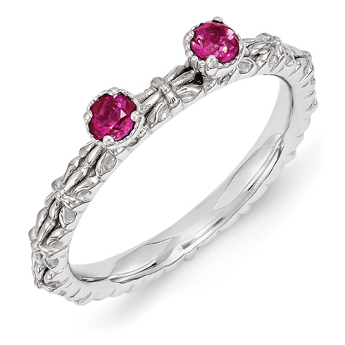 Sterling Silver Created Ruby Two Stone Ring