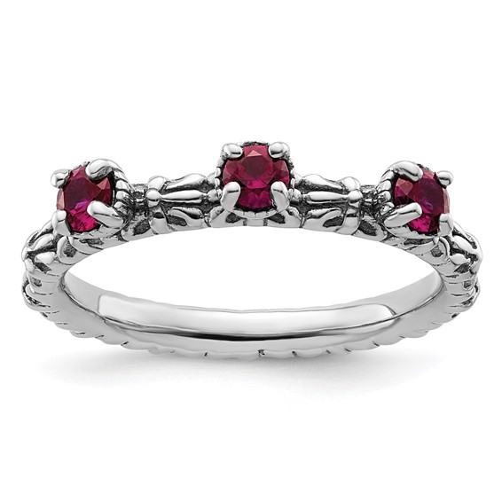 Sterling Silver Created Ruby Three Stone Ring