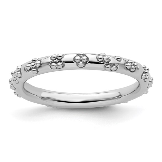Sterling Silver Stackable Rhodium Textured Flowers Ring