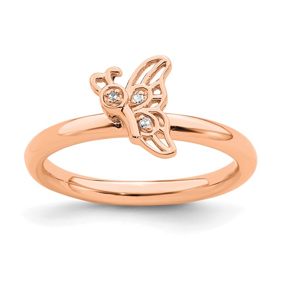 Sterling Silver Stackable Pink-plated Butterfly Diamond Ring