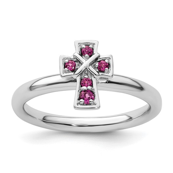 Sterling Silver Stackable Rhodolite Garnet Cross Ring