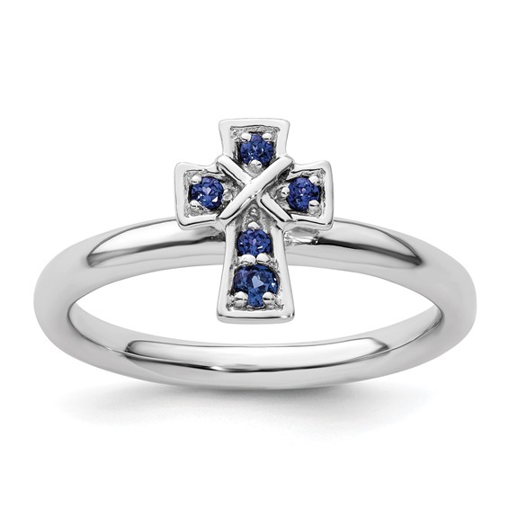 Sterling Silver Stackable Created Sapphire Cross Ring