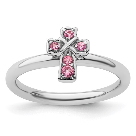 Sterling Silver Stackable Pink Tourmaline Cross Ring