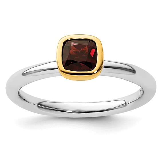 Sterling Silver Stackable Square Gold-plated Garnet Ring