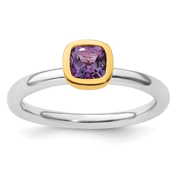 Sterling Silver Stackable Square Gold-plated Amethyst Ring