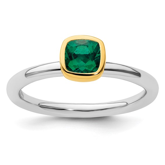 Sterling Silver Stackable Square Gold-plated Created Emerald Ring