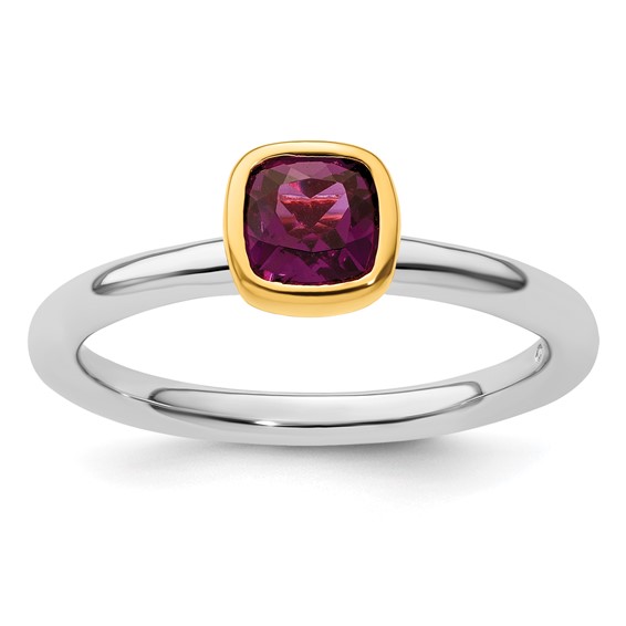 Sterling Silver Stackable Square Gold-plated Rhodolite Garnet Ring