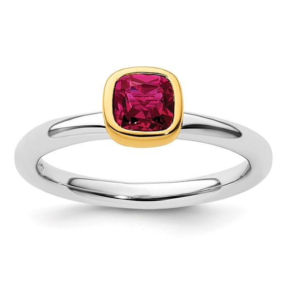 Sterling Silver Stackable Square Gold-plated Created Ruby Ring