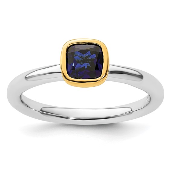 Sterling Silver Stackable Square Gold-plated Created Sapphire Ring