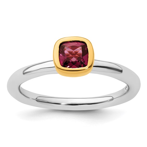 Sterling Silver Stackable Square Gold-plated Pink Tourmaline Ring