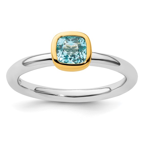 Sterling Silver Stackable Square Gold-plated Blue Topaz Ring