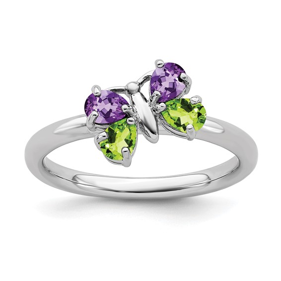 Sterling Silver Stackable Amethyst Peridot Butterfly Ring