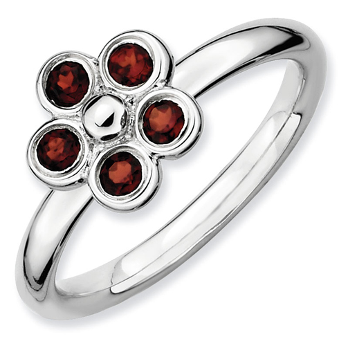Sterling Silver Stackable Garnet Flower Bezel Ring