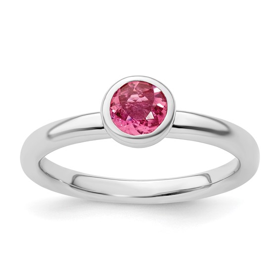 Sterling Silver Stackable Low Profile 5mm Pink Tourmaline Ring