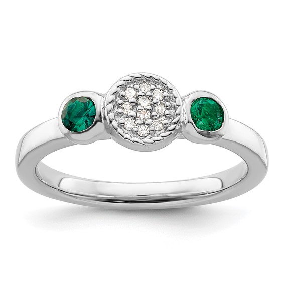 Sterling Silver Stackable Created Emerald & Diamond Ring