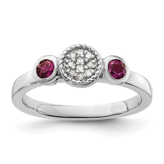 Sterling Silver Stackable Rhodolite Garnet Diamond Cluster Ring