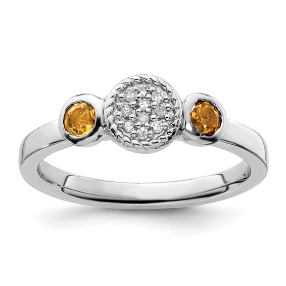 Sterling Silver Stackable Citrine & Diamond Cluster Ring
