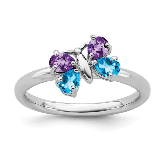 Sterling Silver Blue Topaz Amethyst Butterfly Ring