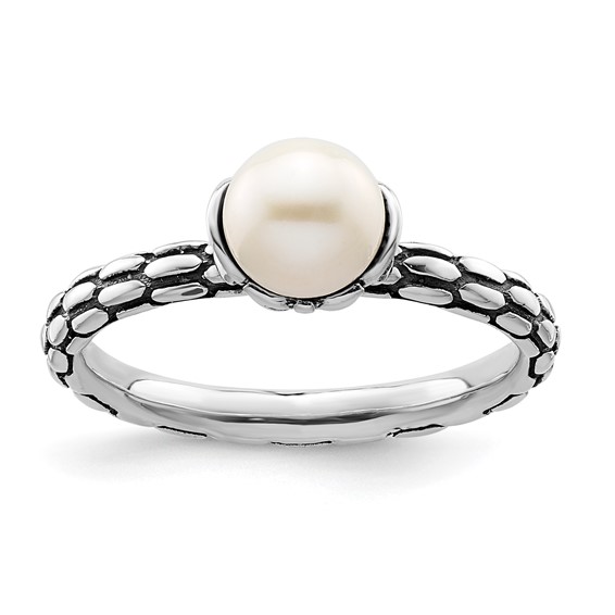 Sterling Silver Stackable 6mm White Pearl Patterned Ring 