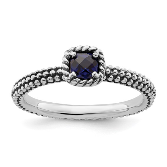 Sterling Silver Stackable Created Sapphire Ring with Beaded Finish