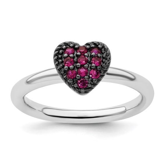 Sterling Silver Stackable Created Ruby Heart Ring with Black Ruthenium