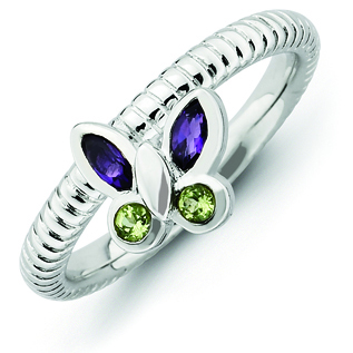 Sterling Silver Stackable Amethyst Peridot Butterfly Ring