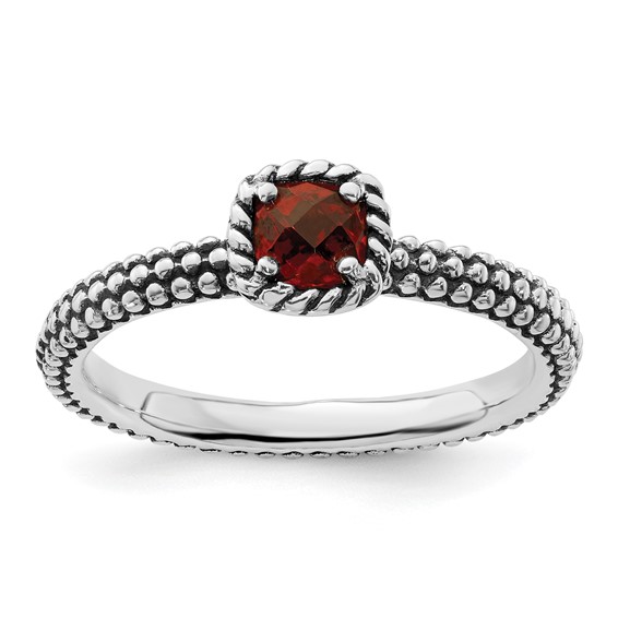 Sterling Silver Stackable Checkerboard Garnet Beaded Ring