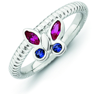 Sterling Silver Stackable Created Ruby and Sapphire Butterfly Ring