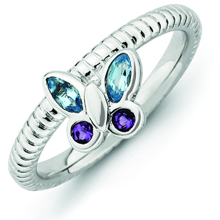 Sterling Silver Stackable Amethyst Blue Topaz Butterfly Ring 