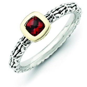 Checker-cut Garnet Antiqued Stackable Ring Sterling Silver 14k Gold