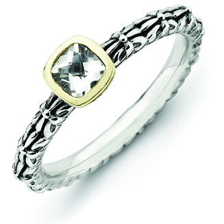 Sterling Silver and 14k Gold Checker-cut White Topaz Antiqued Ring