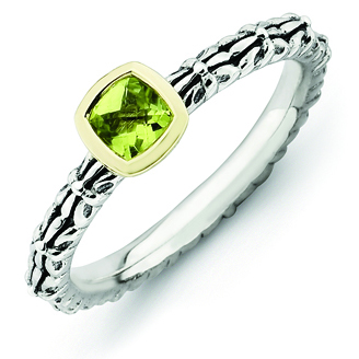 Sterling Silver & 14kt Gold Checkerboard Peridot Antiqued Ring