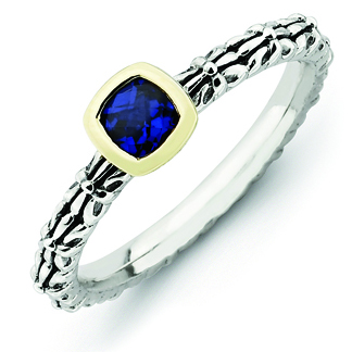 Stackable 1/3 ct Created Sapphire Ring Sterling Silver 14k Gold Bezel